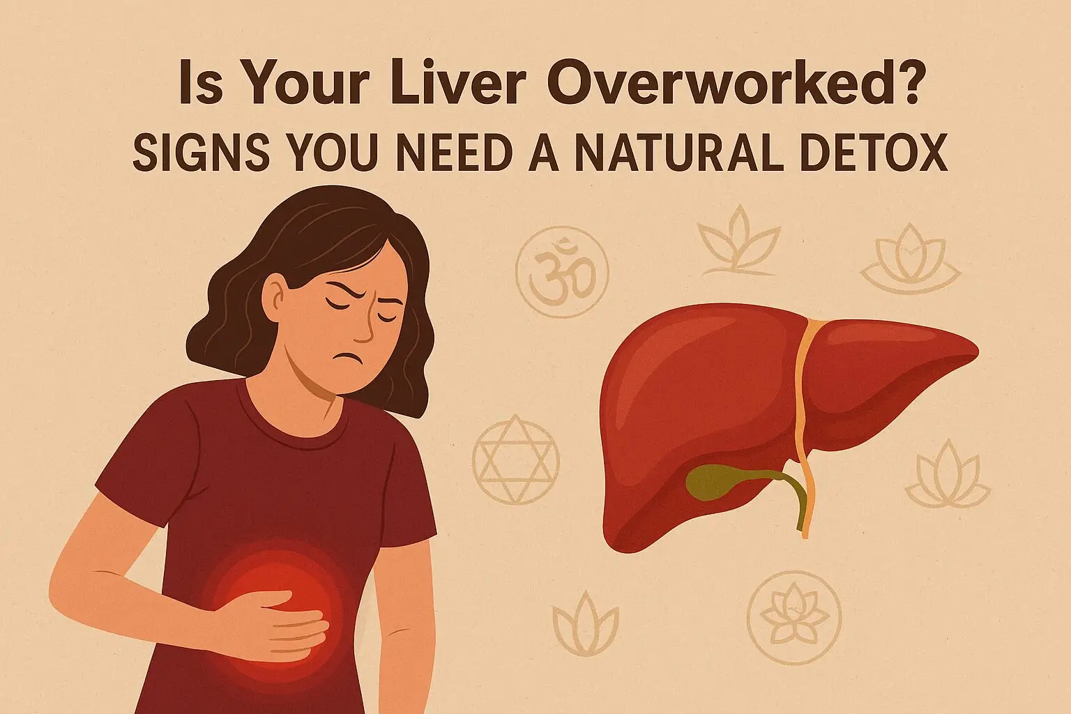 Landscape illustration showing a woman experiencing abdominal discomfort, with a glowing liver graphic beside her and Ayurvedic elements in the background. Text reads “Is Your Liver Overworked? Signs You Need a Natural Detox.