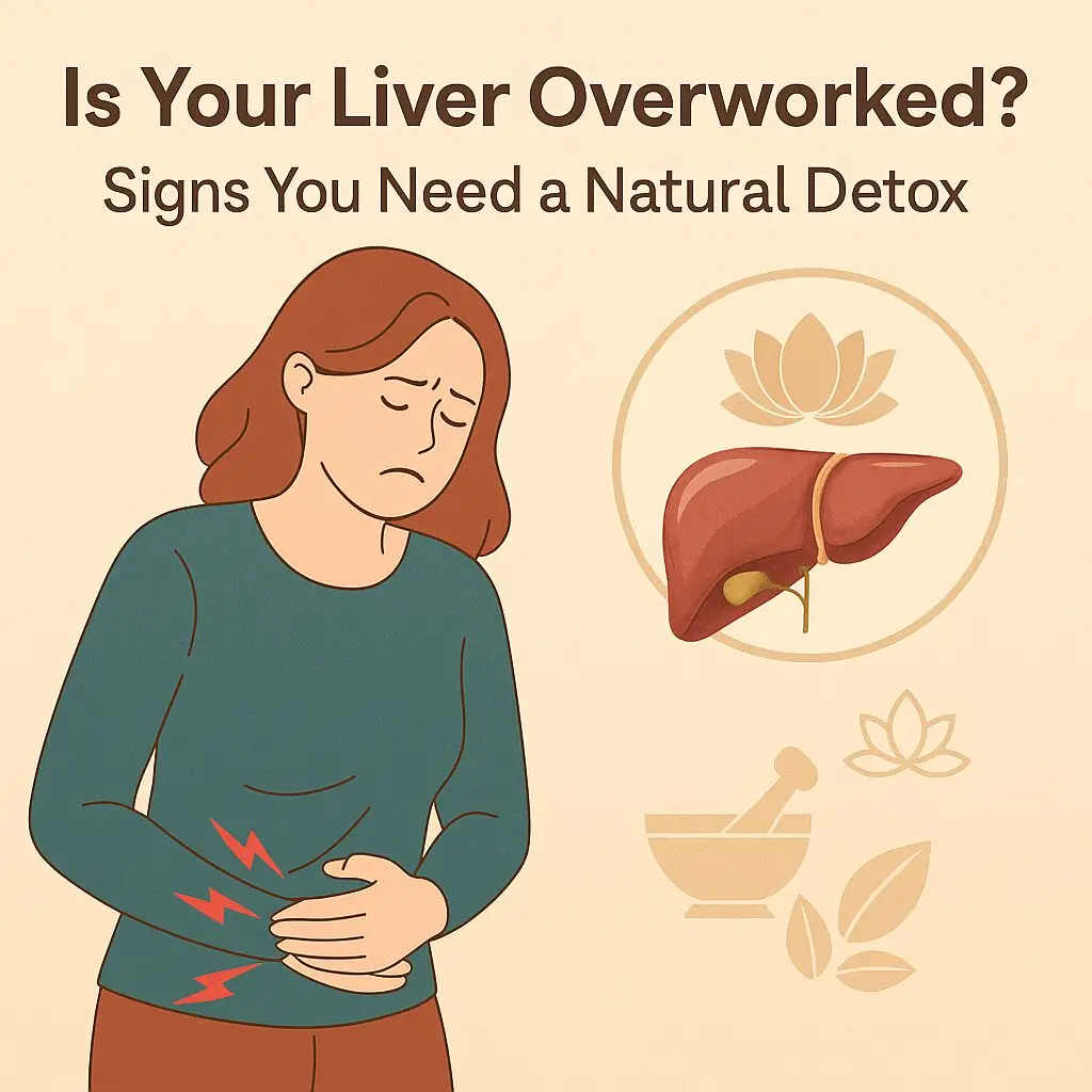 Illustration of a woman clutching her abdomen in discomfort, with a graphic of a human liver beside her, Ayurvedic symbols in the background, and the text “Is Your Liver Overworked? Signs You Need a Natural Detox” displayed above.